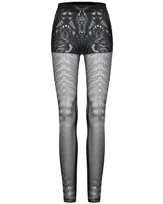 WK-491 Womens Serpentine Printed Mesh Cyberpunk Leggings - Black & White