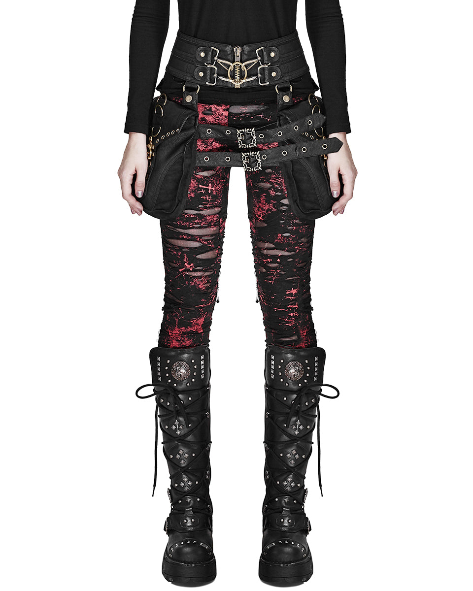 K099 Corrosion Womens Shredded Dieselpunk Leggings - Black & Red