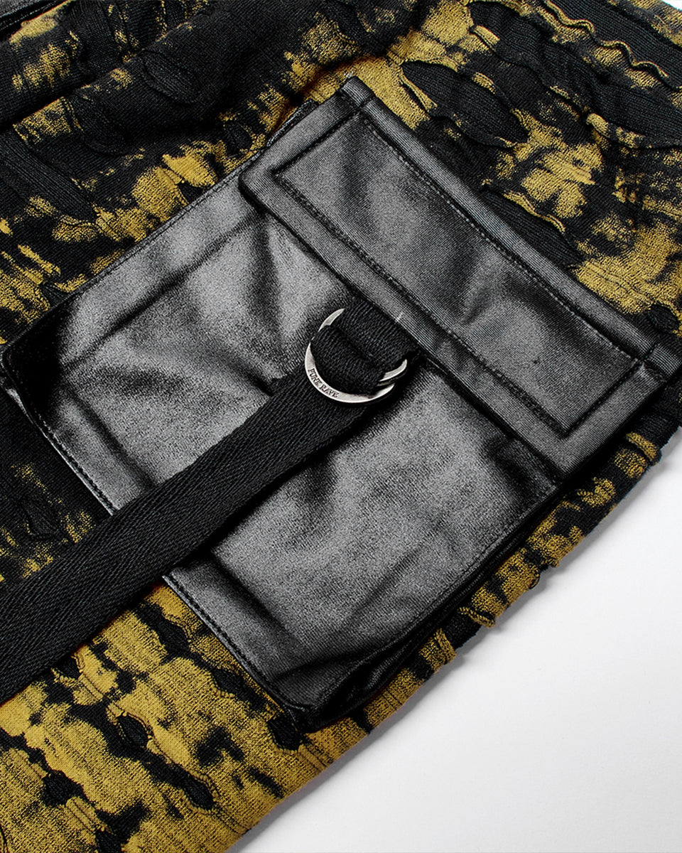 WK-492 Womens Apocalyptic Punk Coated Broken Knit Leggings - Black & Yellow