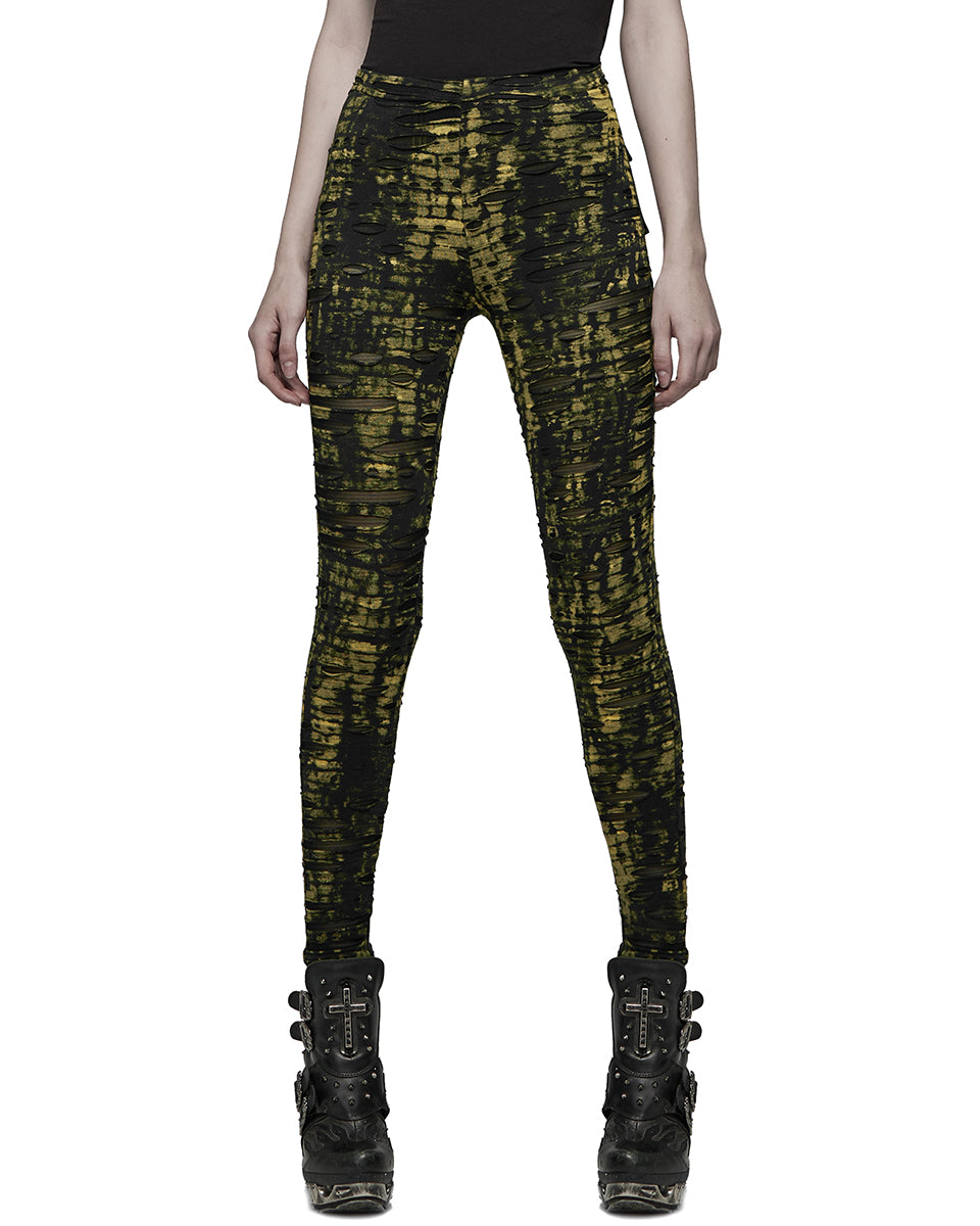 WK-492 Womens Apocalyptic Punk Coated Broken Knit Leggings - Black & Yellow