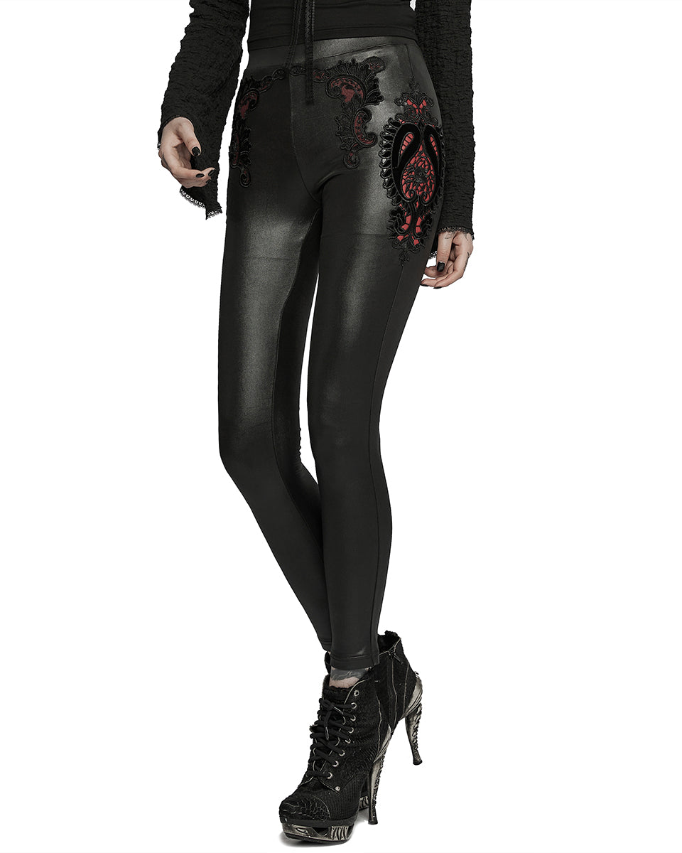 WK-516 Womens Gothic Lace Applique Leggings - Black & Red