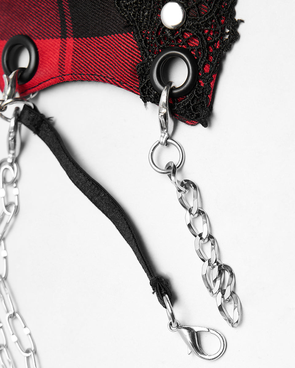 OPS234 Daily Life Urban Punk Chic Chained Mask - Red & Black Plaid