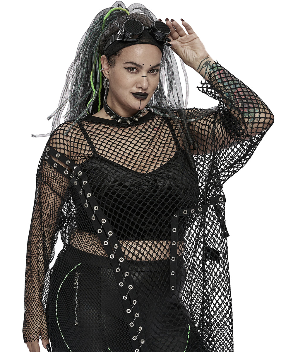 DT-728 Plus Size Womens Spliced Gothic Mesh Top