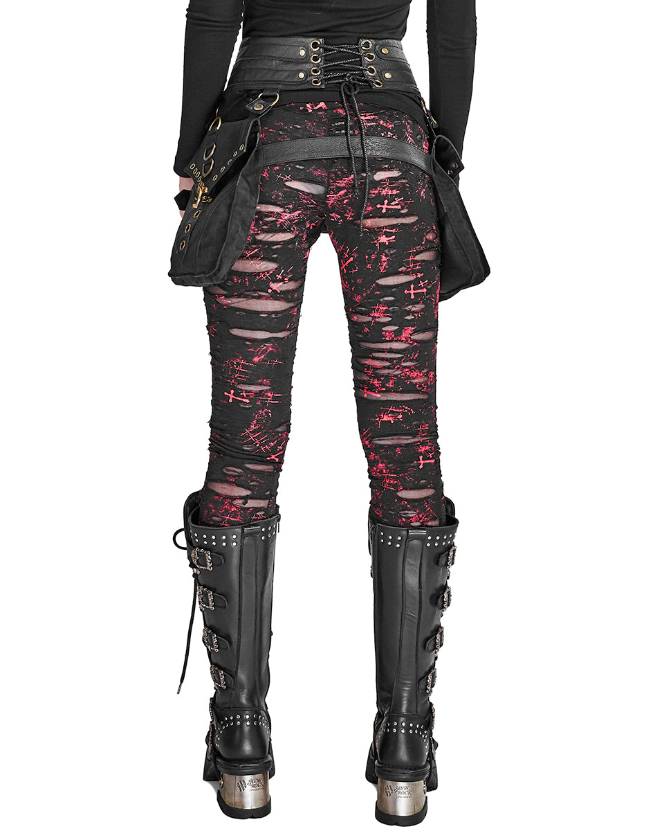 K099 Corrosion Womens Shredded Dieselpunk Leggings - Black & Red