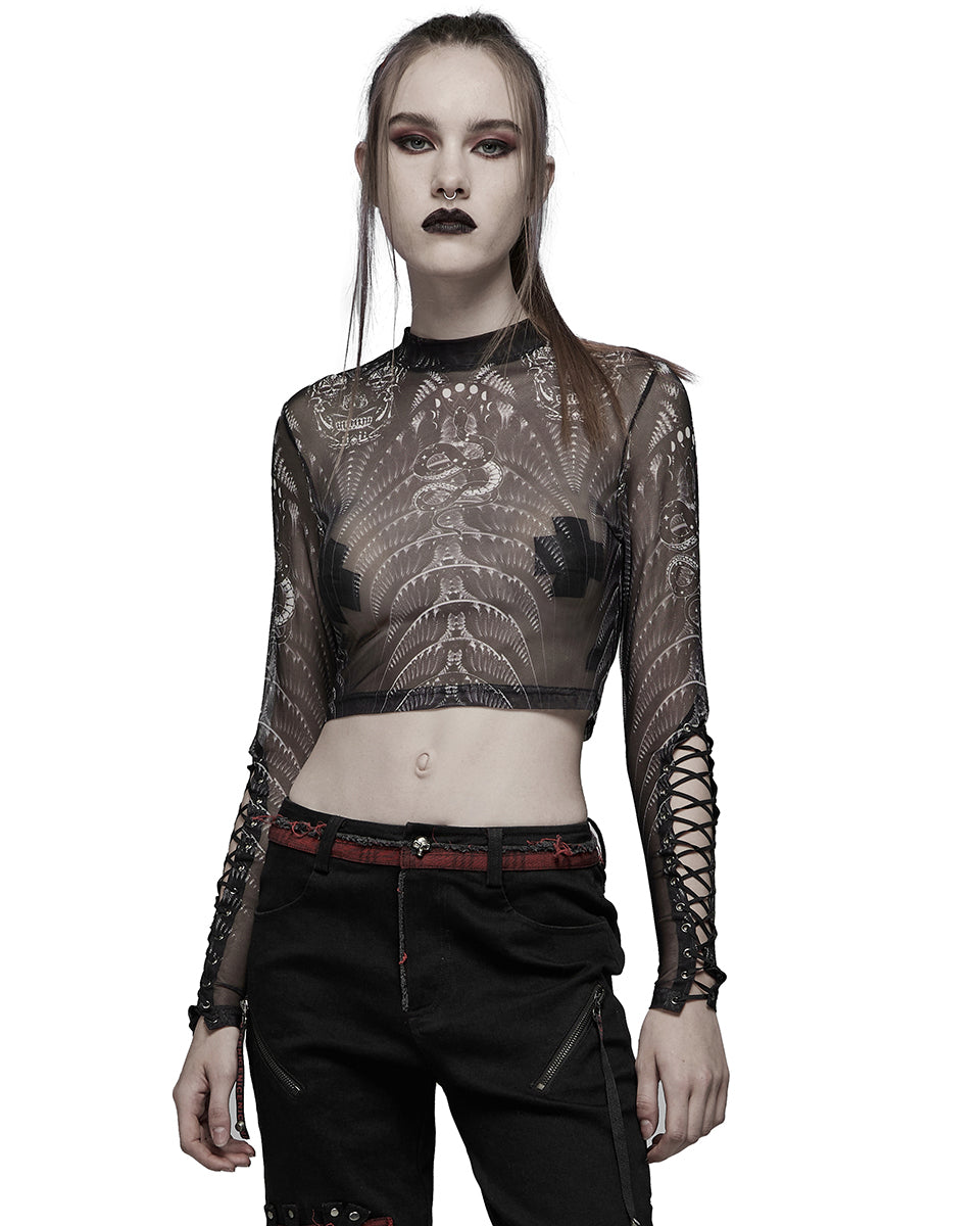 WT-699 Womens Serpentine Printed Mesh Cyberpunk Top - Black & White