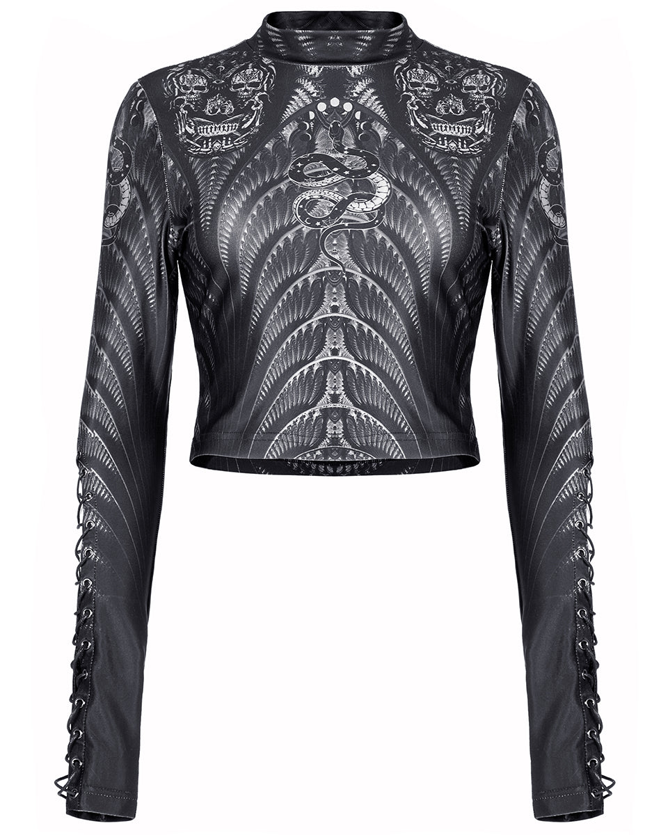 WT-699 Womens Serpentine Printed Mesh Cyberpunk Top - Black & Grey