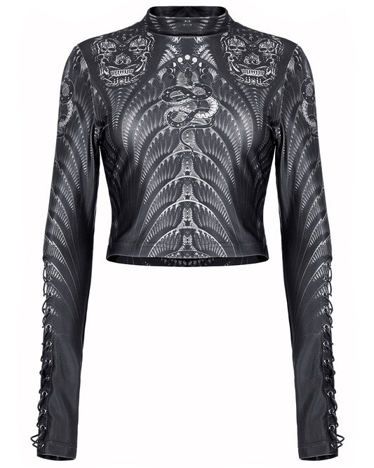 WT-699 Womens Serpentine Printed Mesh Cyberpunk Top - Black & Grey