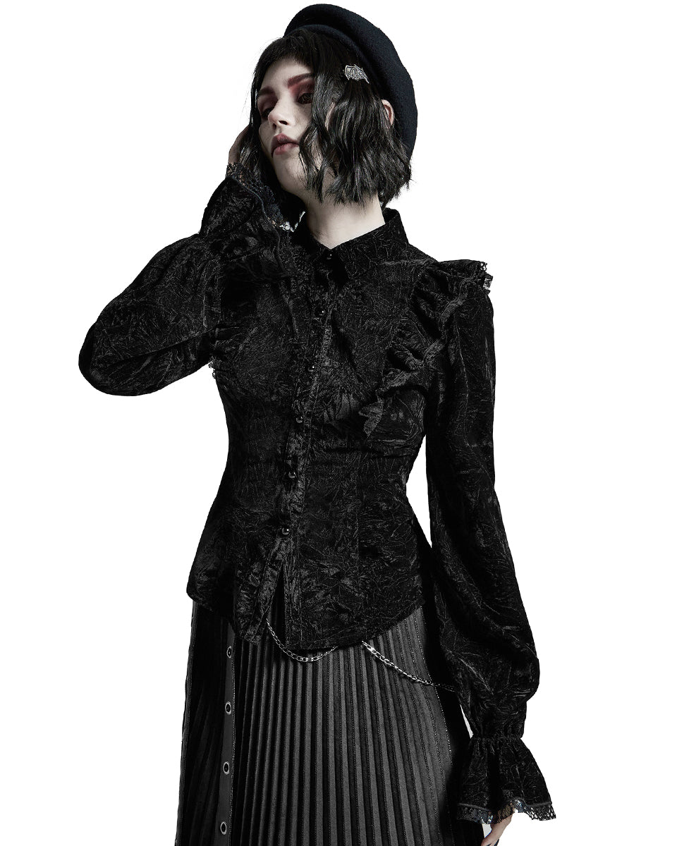 WY-1305 Nightshade Womens Gothic Velvet Blouse Top - Black