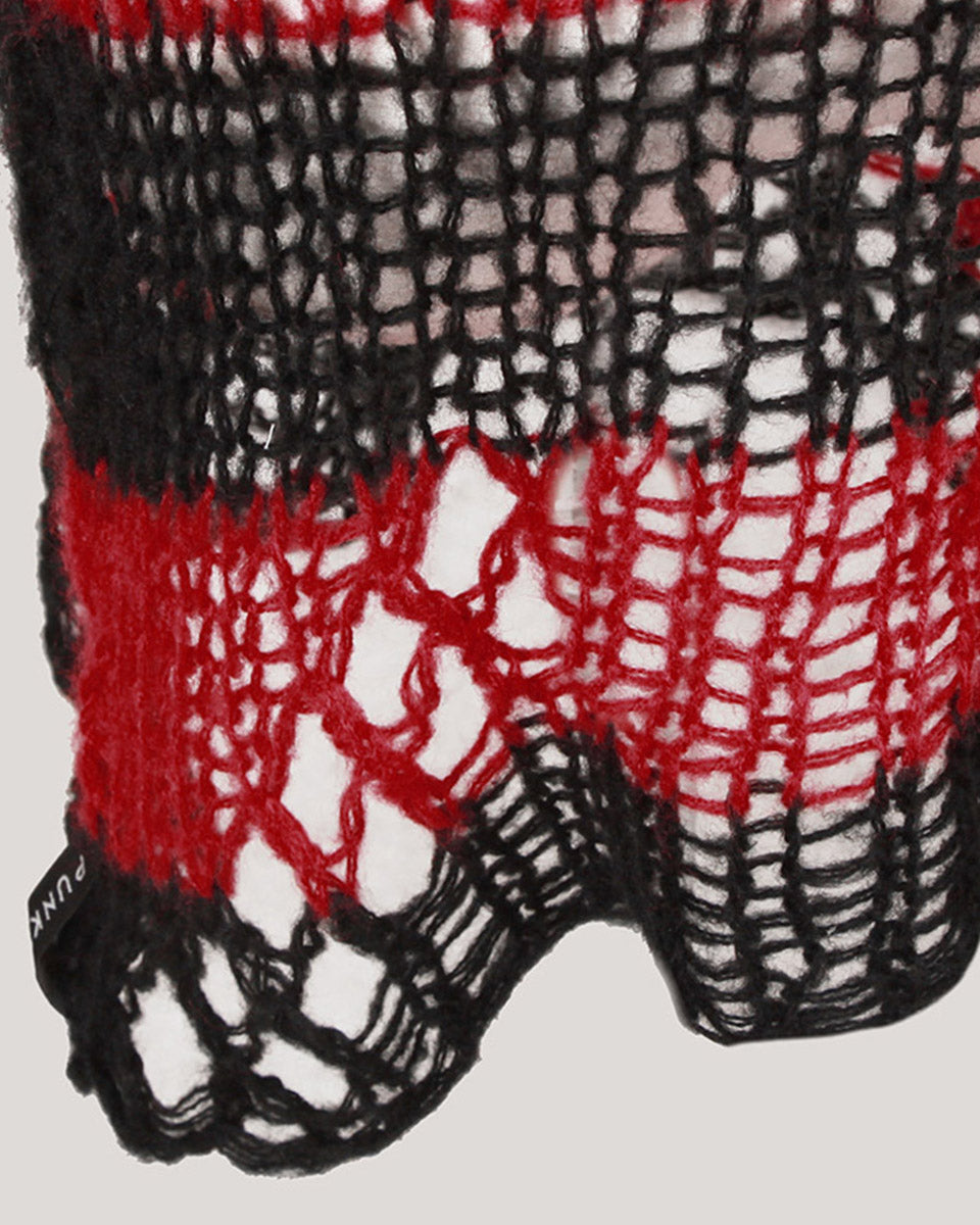 WM-072 Womens Shredded Broken Knit Sweater Top - Black & Red Stripe