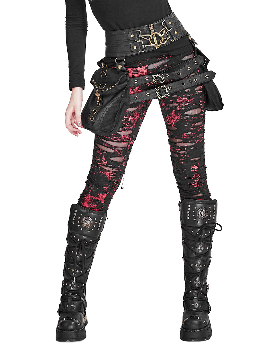 K099 Corrosion Womens Shredded Dieselpunk Leggings - Black & Red