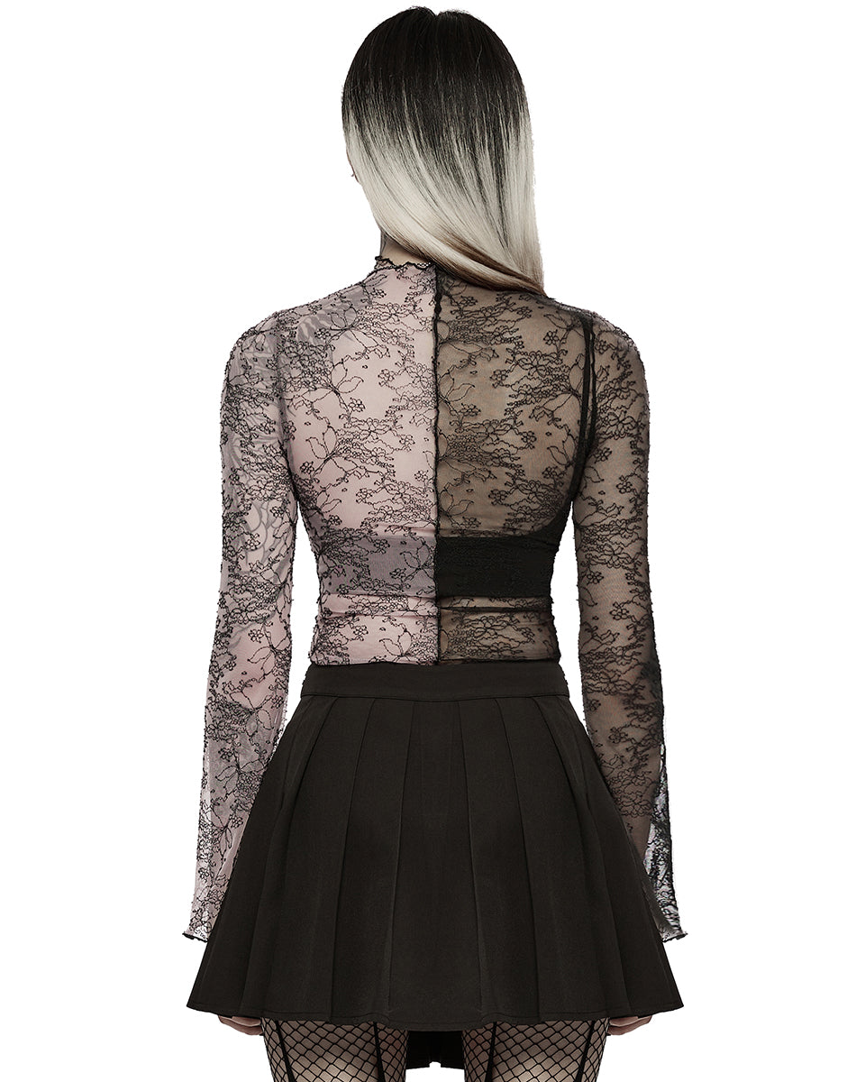WT-727 Womens Gothic Poison Ivy Sheer Mesh Split Top - Black & Pink