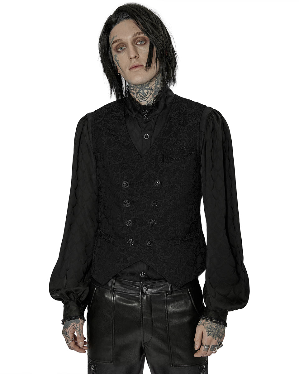 WY-1436 Mens Dark Gothic Aristocrat Chained Waistcoat Vest - Black Jacquard