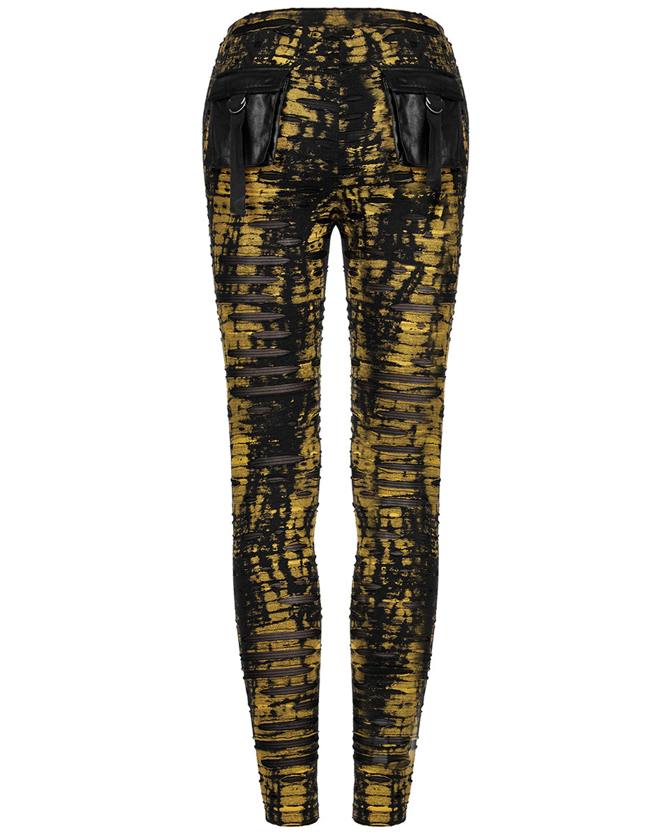 WK-492 Womens Apocalyptic Punk Coated Broken Knit Leggings - Black & Yellow