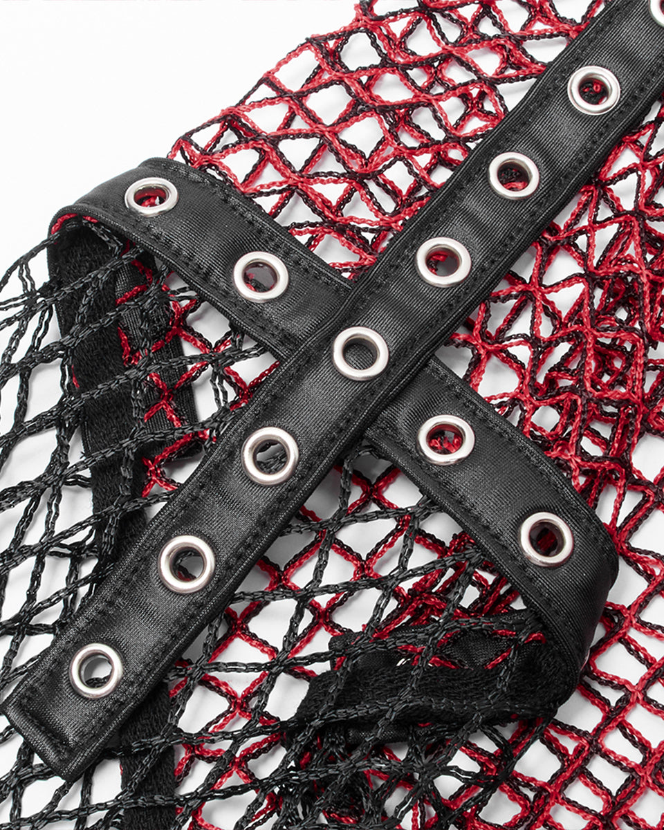 WT-698 Womens Daily Punk Splicing Fishnet Top - Red & Black