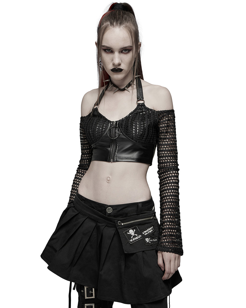 WT-690 Womens Cyberpunk PU & Mesh Off Shoulder Top