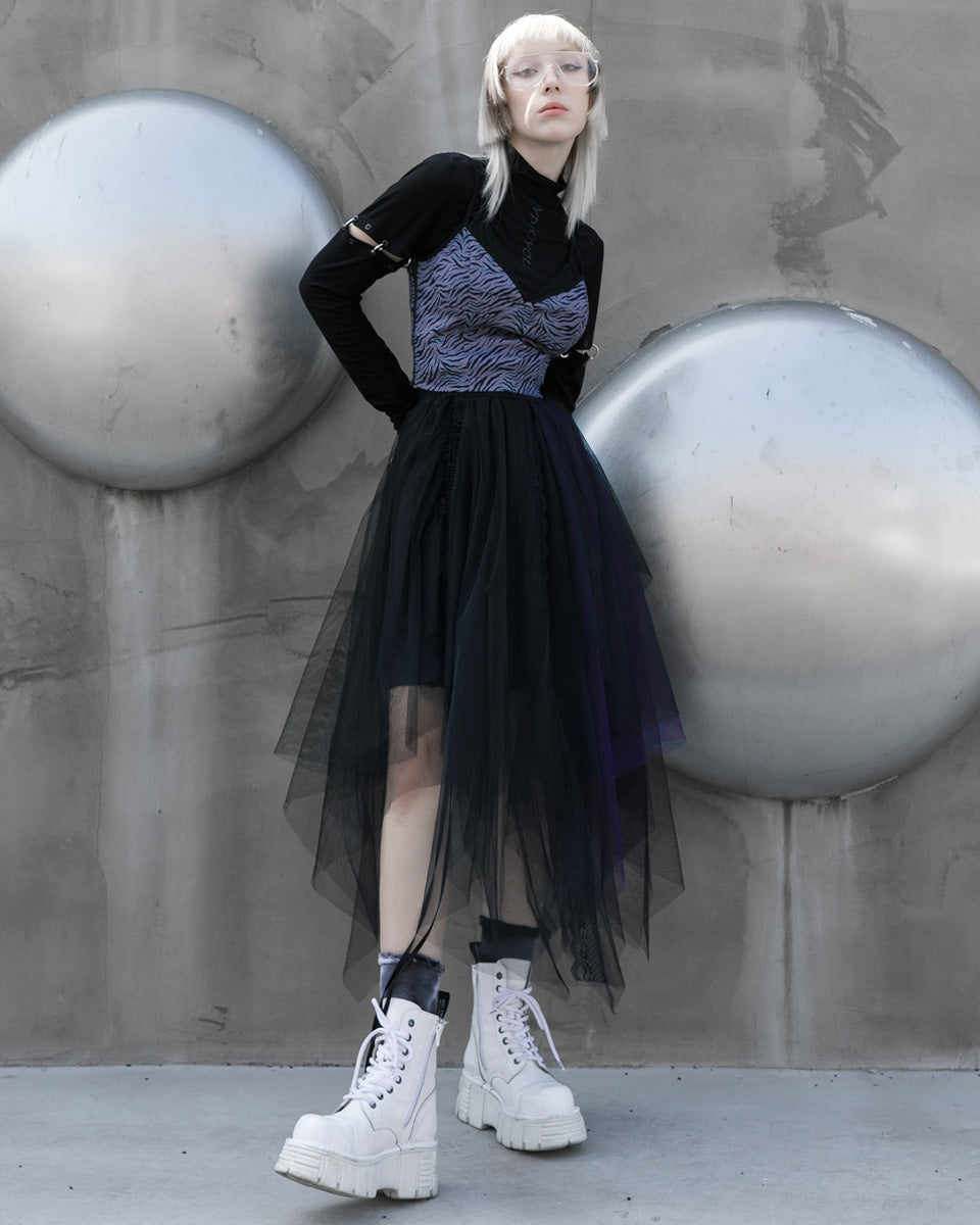 OPQ930 Daily Life Layered Mesh Electropunk Asymmetric Skirt - Black & Purple