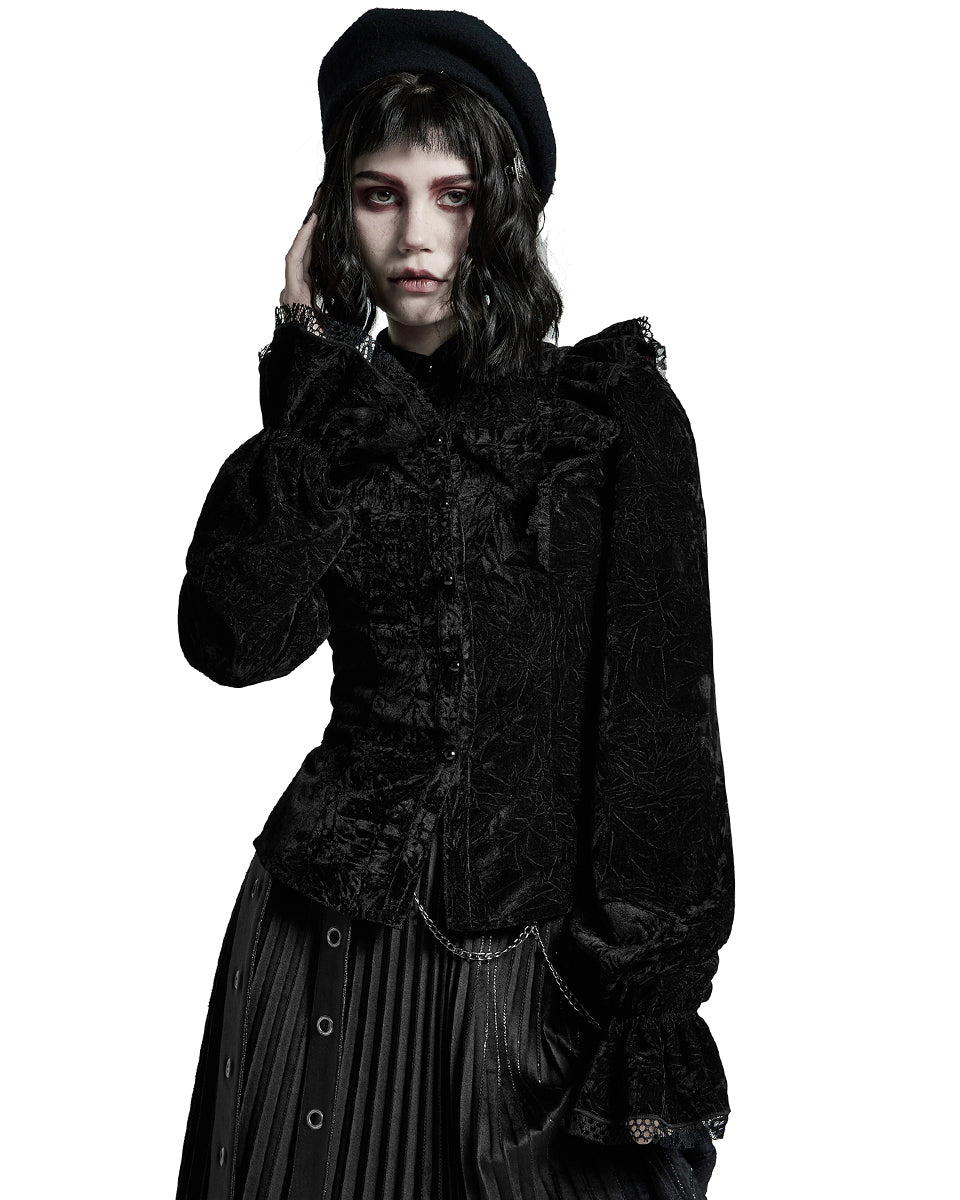WY-1305 Nightshade Womens Gothic Velvet Blouse Top - Black