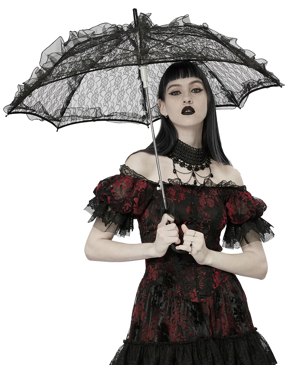 WS-548 Gothic Lolita Sheer Lace Ruffle Parasol