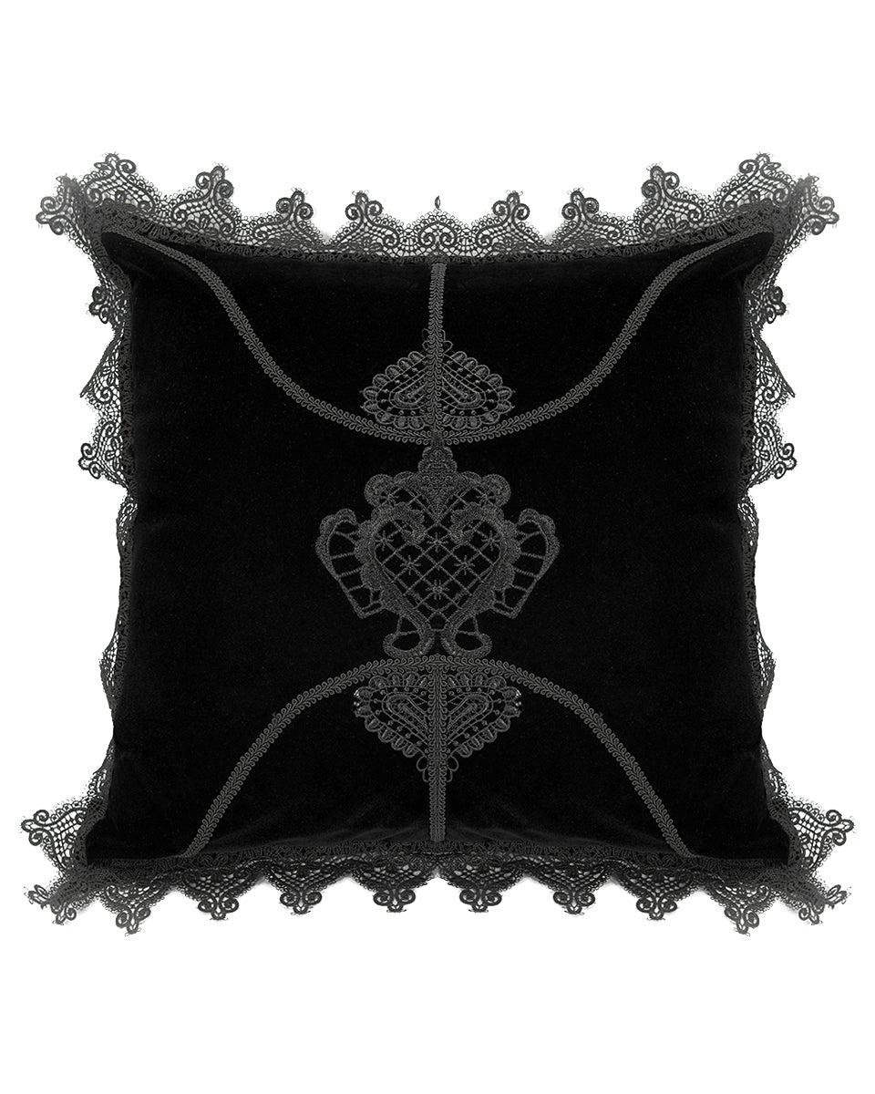 JZ-002 Gothic Home Lace Applique Filled Cushion - Black Velvet