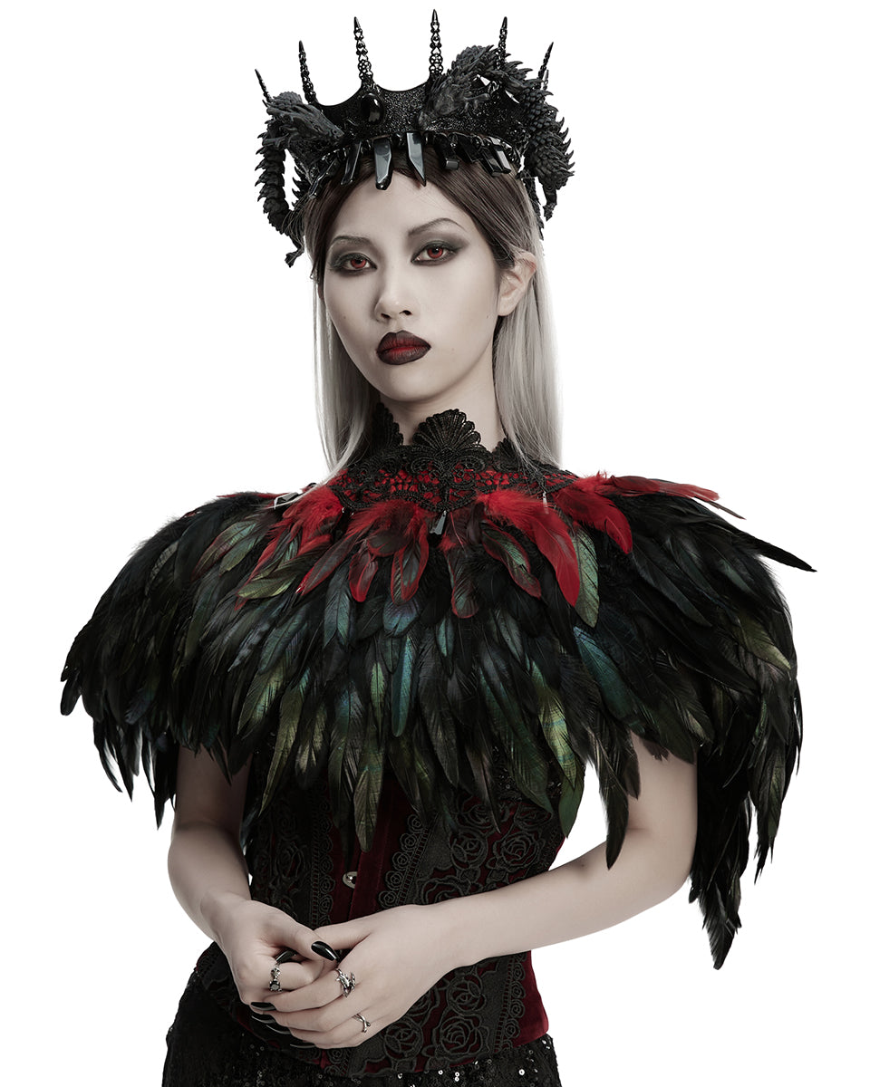 WS-807QTF Womens Gothic Burlesque Feathered Shawl Cape - Black & Red
