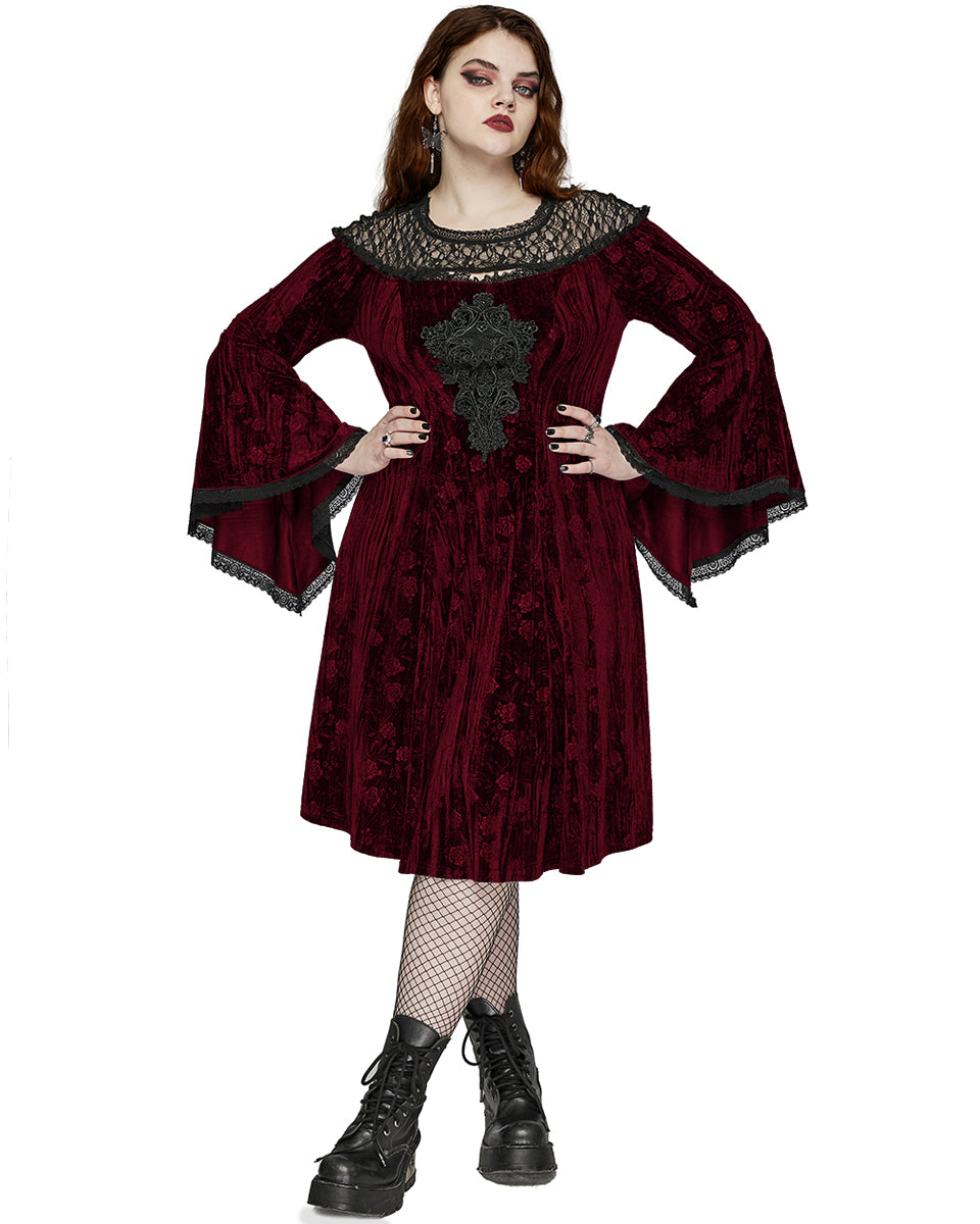 DQ-733LQF Plus Size Womens Gothic Night Rose Dress - Red Velvet