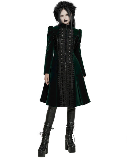 WY-1633XCF Womens Gothic Velvet Embellished Mid Length Military Coat - Bottle Green