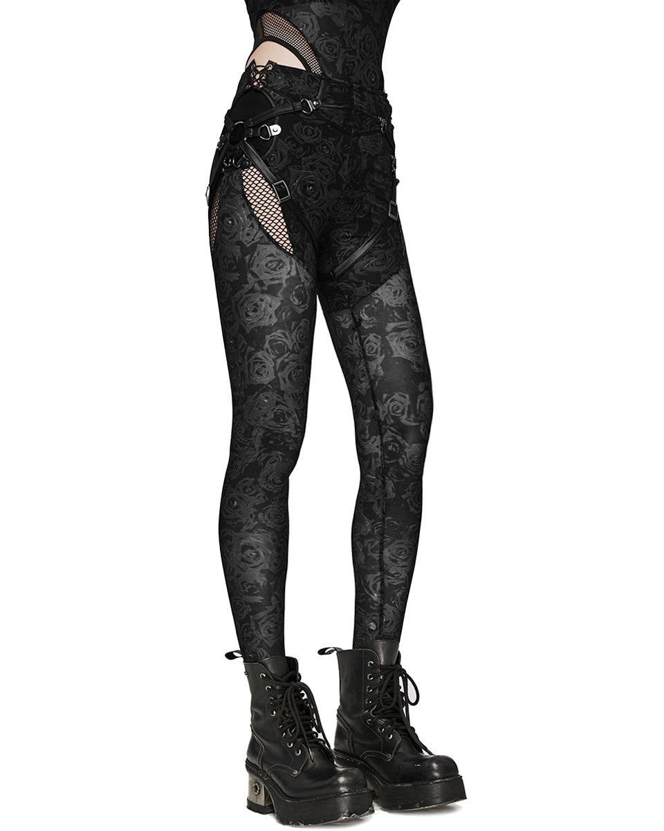 WK-625DDF-BKF Daily Life Dark Punk Rose Mesh Strapping Leggings