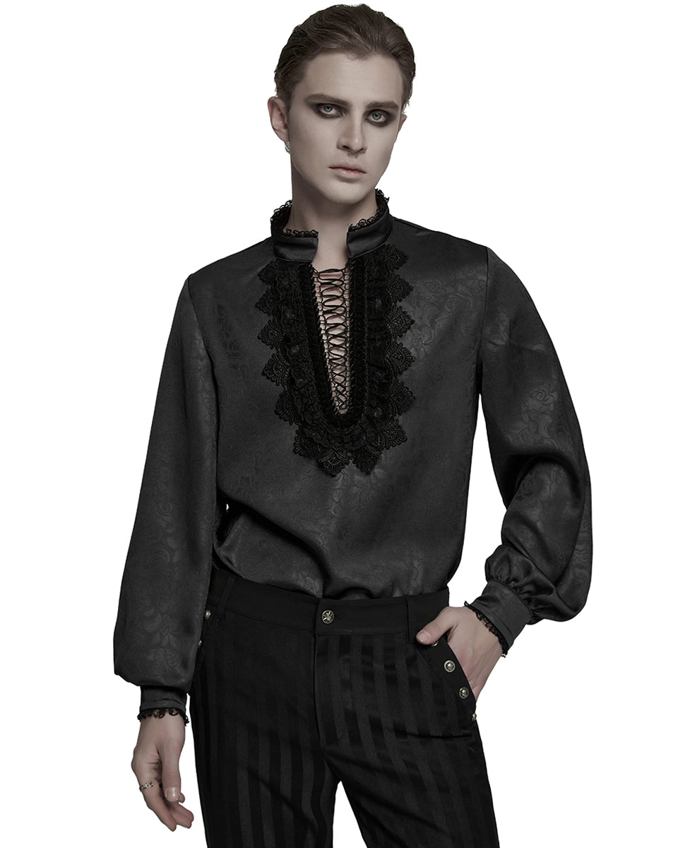 WY-1785 Mens Gothic Embossed Print Lace-Up Pirate Shirt - Black