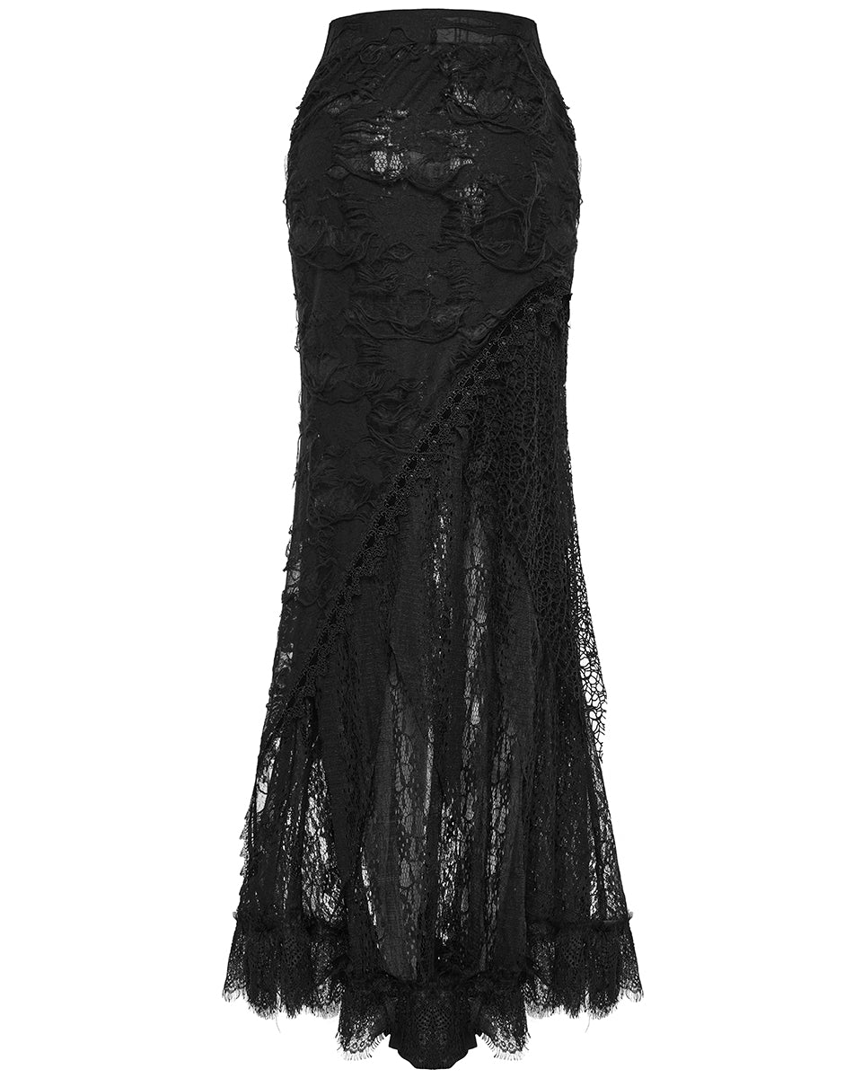 PR-WQ-673BQF-BKF Womens Dark Apocalyptic Shredded Mesh & Lace Splicing Skirt
