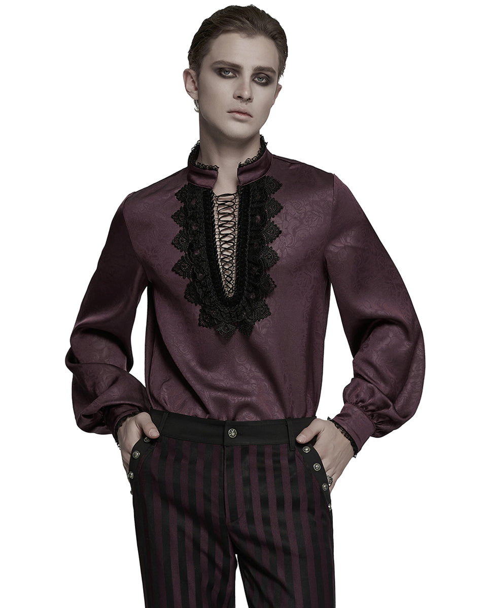 PR-WY-1785 Mens Gothic Embossed Print Lace-Up Pirate Shirt - Red