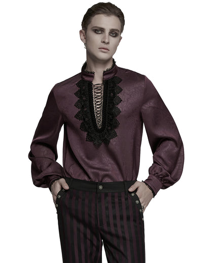 PR-WY-1785 Mens Gothic Embossed Print Lace-Up Pirate Shirt - Red