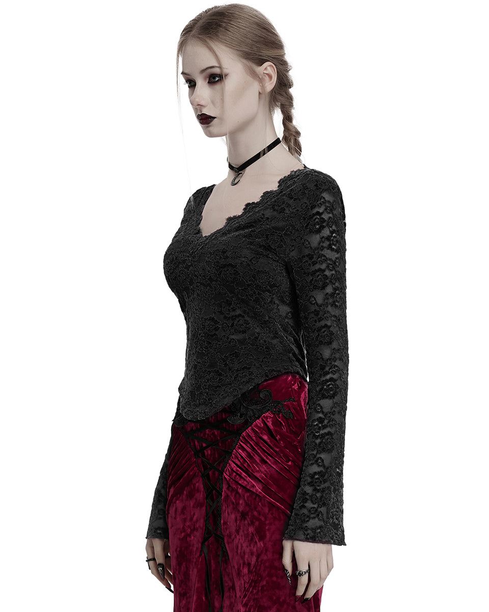 OT-1014TCF-BKF Womens Elegant Floral Lace V-Neck Top - Black