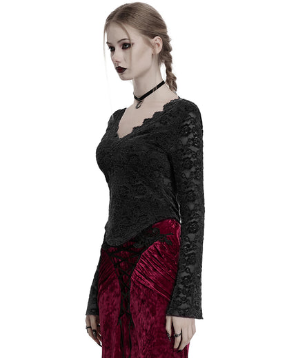 OT-1014TCF-BKF Womens Elegant Floral Lace V-Neck Top - Black