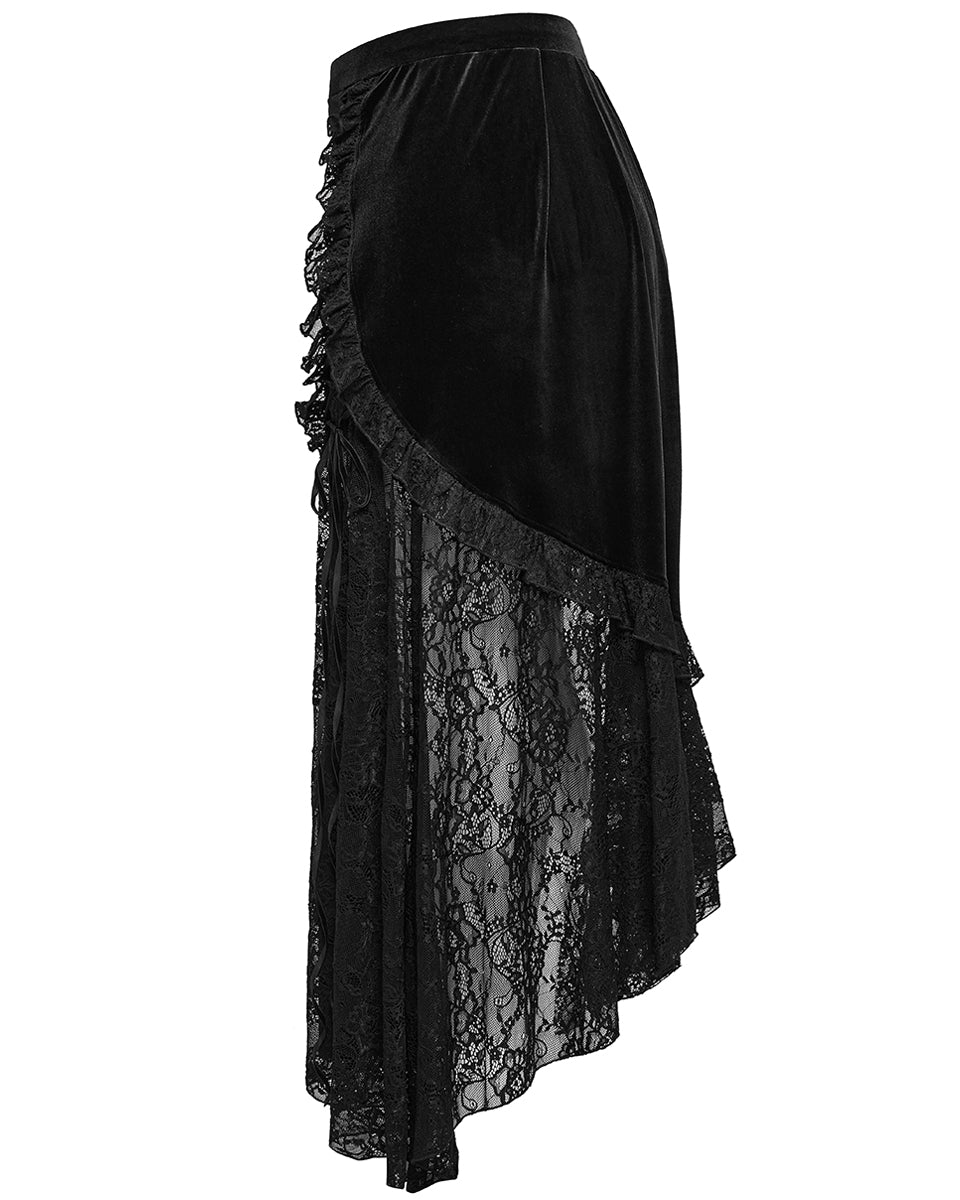 DQ-728BQF Plus Size Womens Long Gothic Velvet & Lace Ruffle Maxi Skirt