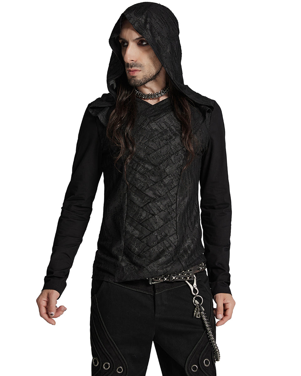 WT-937TCM Mens Apocalyptic Punk Broken Knit Patchwork Hooded Top