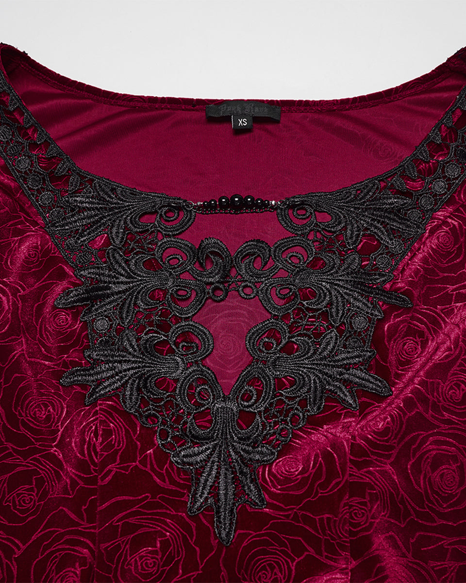 WQ-896LQF Womens Long Gothic Rose Velvet Flared Split Sleeve Maxi Dress - Red