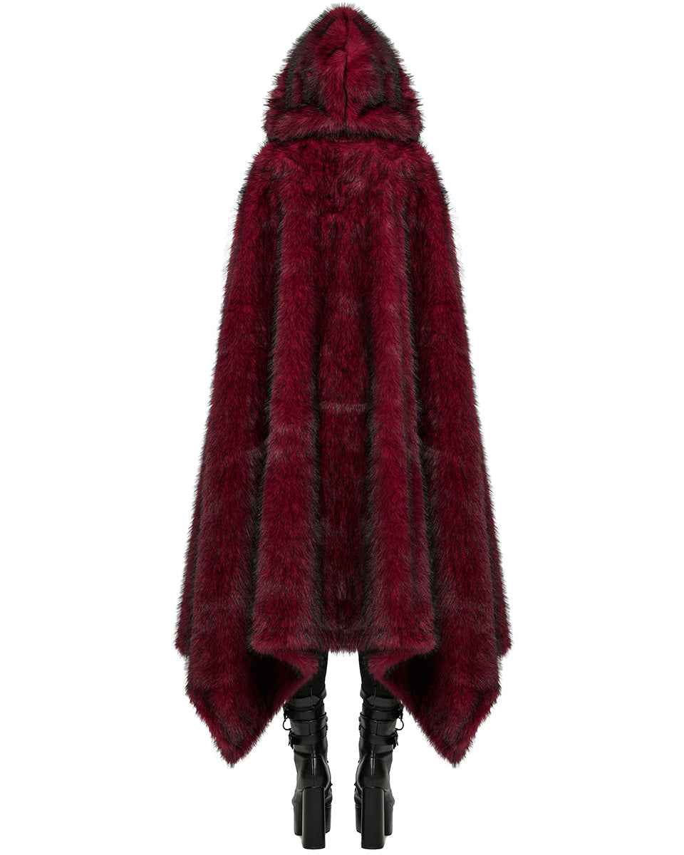 WY-1663DPF Womens Long Gothic Faux Fur Asymmetric Hooded Winter Cloak - Red