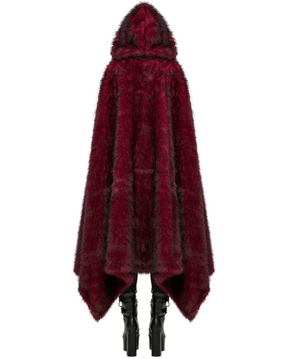 WY-1663DPF Womens Long Gothic Faux Fur Asymmetric Hooded Winter Cloak - Red