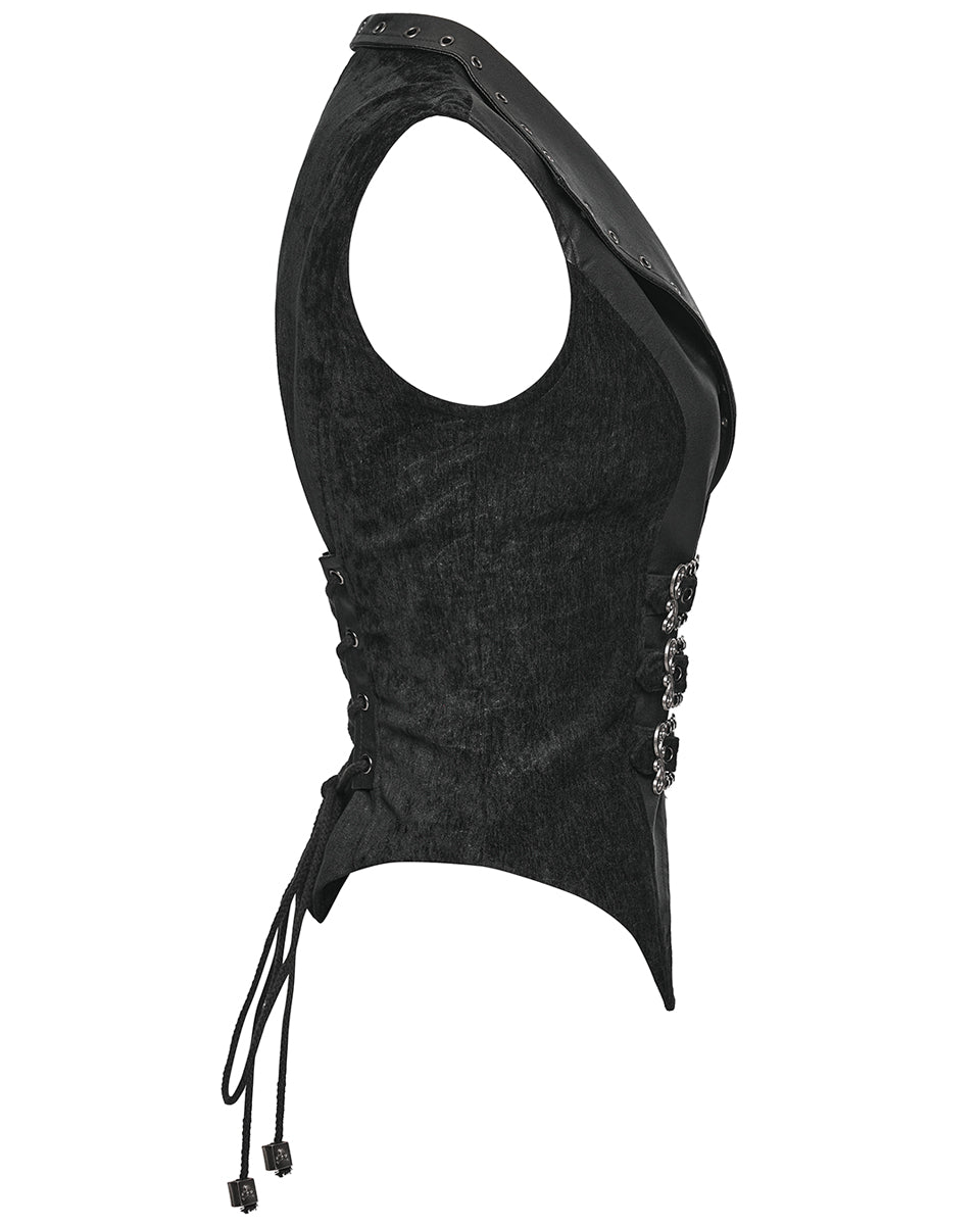 WY-1835MJF Womens Gothic Spliced Velvet & Faux Leather Asymmetric Waistcoat Vest