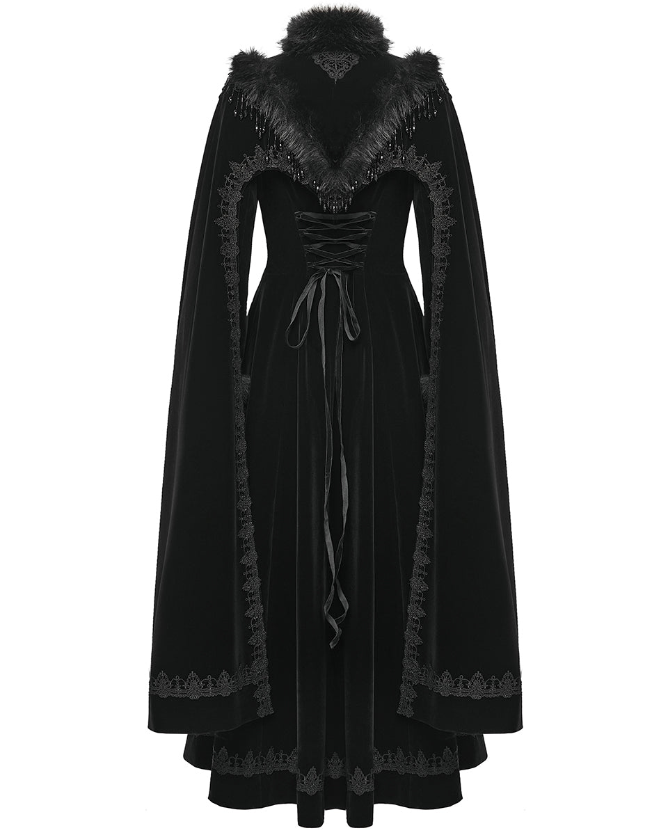 WY-1811DPF Womens Long Elegant Gothic Velvet & Faux Fur Beaded Cloak Coat