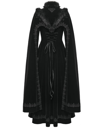 WY-1811DPF Womens Long Elegant Gothic Velvet & Faux Fur Beaded Cloak Coat