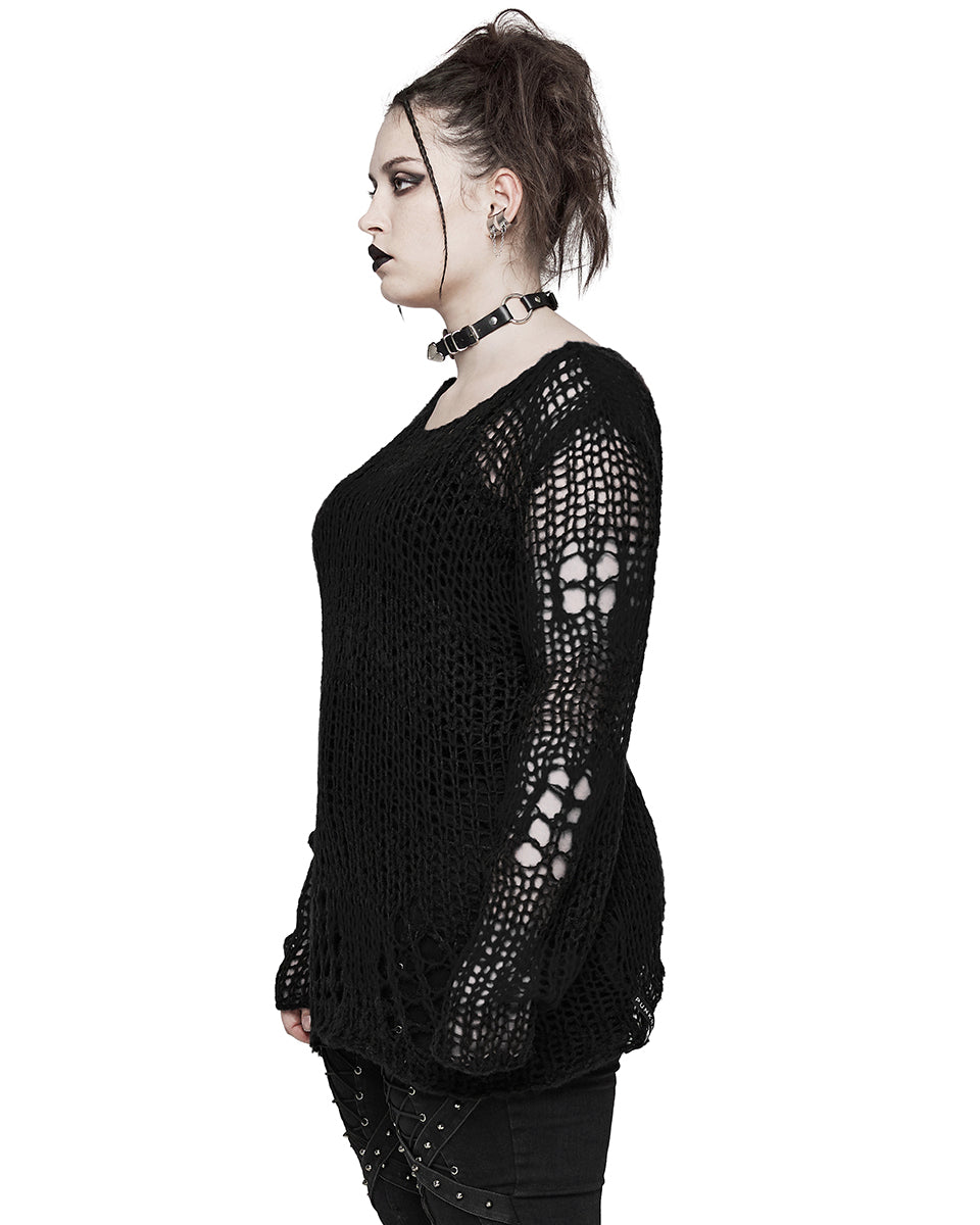 PR-WM072-BKF Womens Shredded Broken Knit Sweater Top - Black