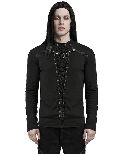 WT-896TCM-BKM Mens Dark Punk Lace-Up Mesh Inset Top - Black