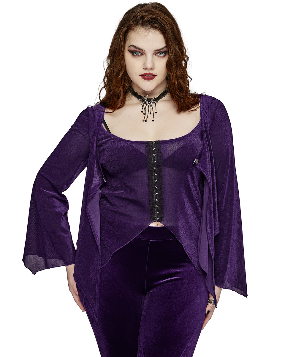 DY-1624XDF Plus Size Womens Gothic Layered Velvet & Mesh Tunic Top - Purple