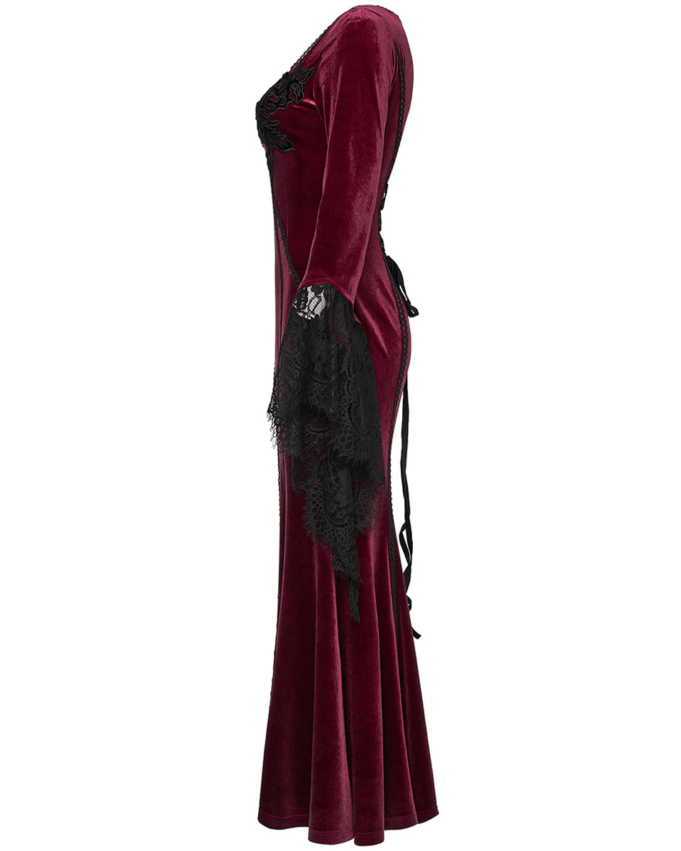 OQ-850LQF Daily Life Womens Long Gothic Velvet Applique Maxi Dress - Red
