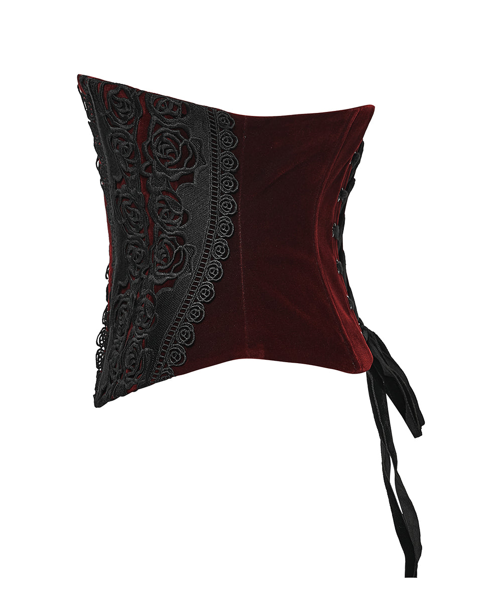 WS-790YDF Womens Baroque Gothic Rose Embroidered Velvet Cincher Corset - Red & Black