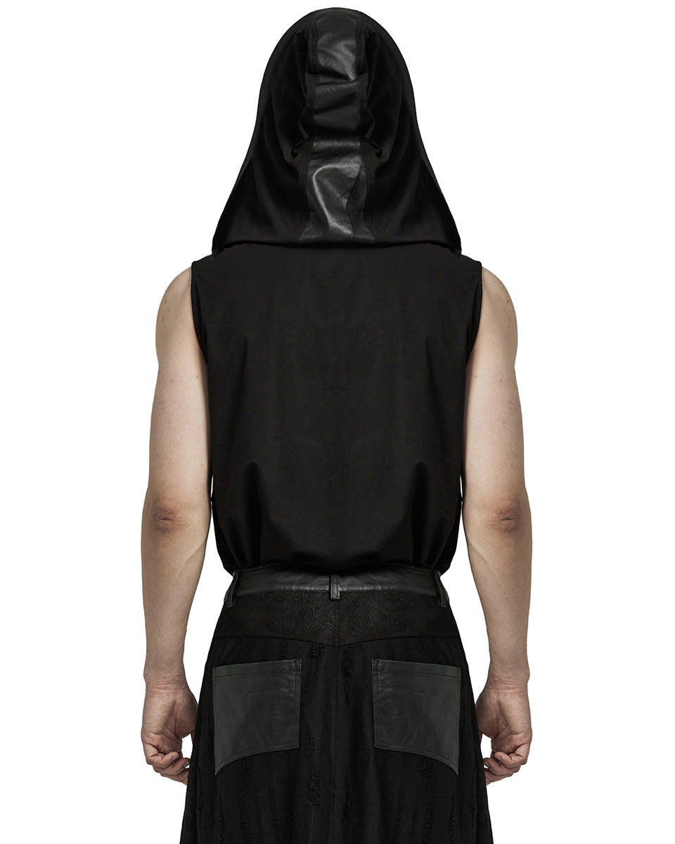 WT-892BXM-BKM Mens Gothic CyberPunk Sectional Hooded Tank Top Vest