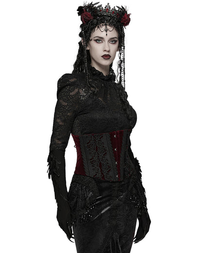 WS-790YDF Womens Baroque Gothic Rose Embroidered Velvet Cincher Corset - Red & Black