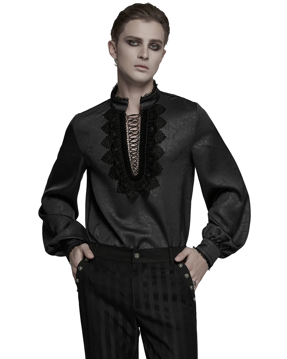 WY-1785 Mens Gothic Embossed Print Lace-Up Pirate Shirt - Black