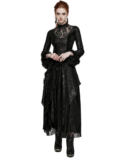 PR-WQ-643LQF-BKF Womens Dark Apocalyptic Shredded Mesh & Lace Splicing Maxi Dress